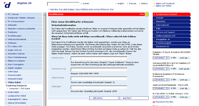 Auszug aus Digitec's website: Ein Eingabeformular für Kreditkarten mit Aufklärung über die verwendeten Sicherheitsmassnahmen (unten wiedergegeben).